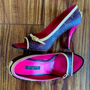 RARE Louis Vuitton Two-tone PeepToe Heels Hot Pink/ClassicLV Size 7.5